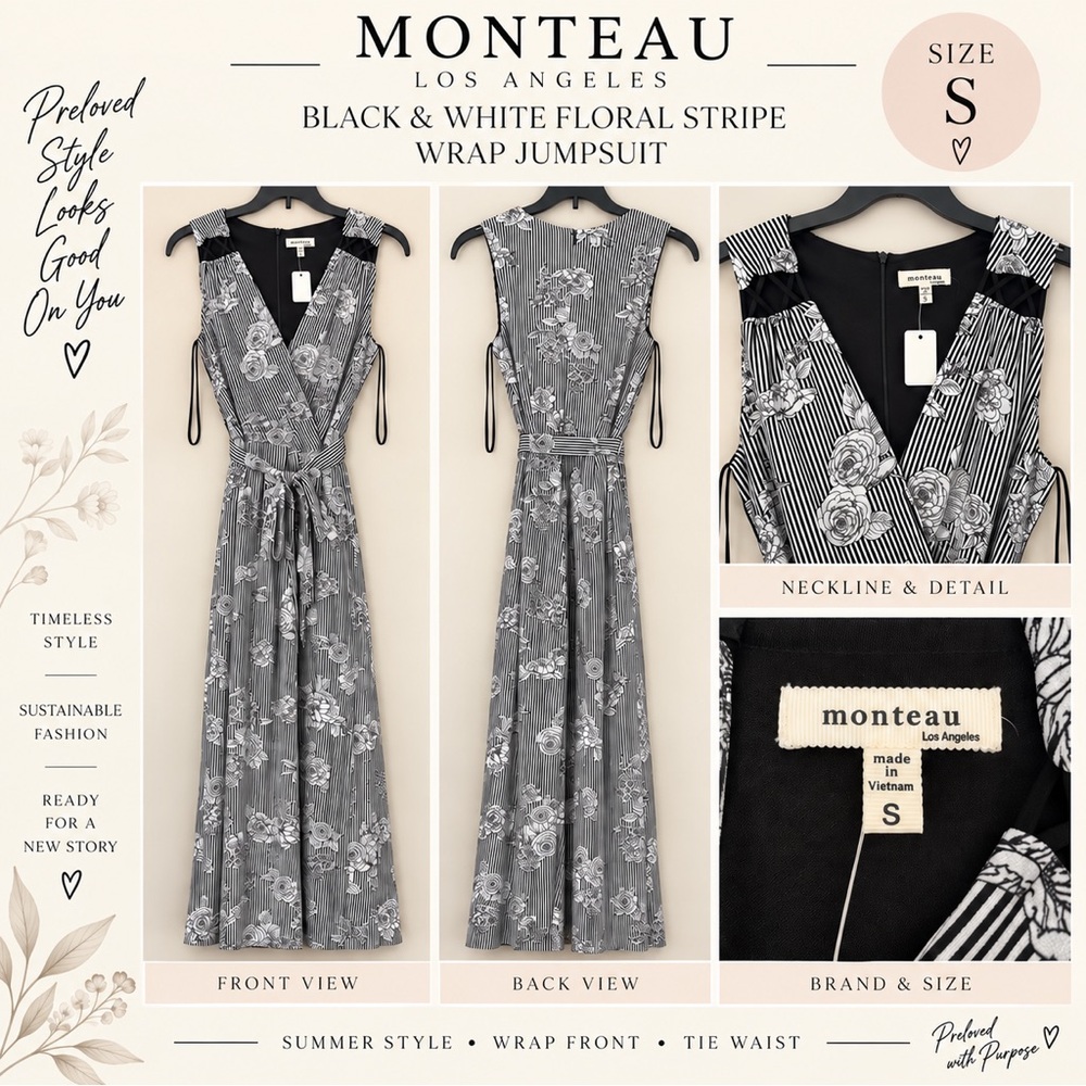 Monteau Black & White Floral Stripe Wrap Jumpsuit